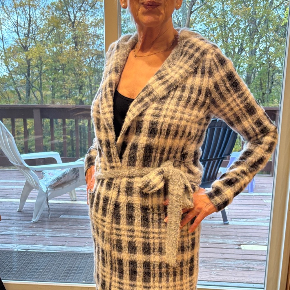 Rachel Zoe Black and Cream Checkered Wrap Cardigan